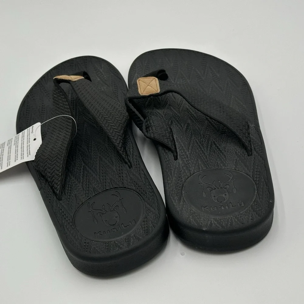 KuaiLu Yoga Mat Leather Flip Flops Thong Sandals with Arch Support Men's 9 Black